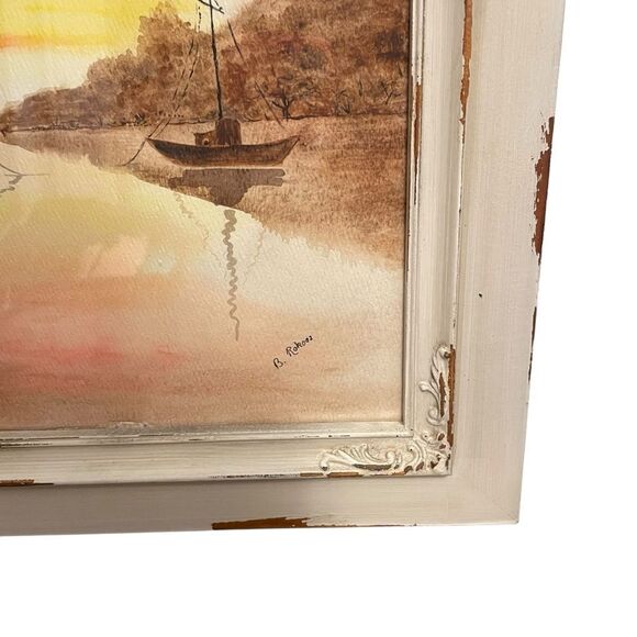 Vintage Signed Watercolor Sailboats Distressed Frame 17.5" X 14" - Picture 2 of 4